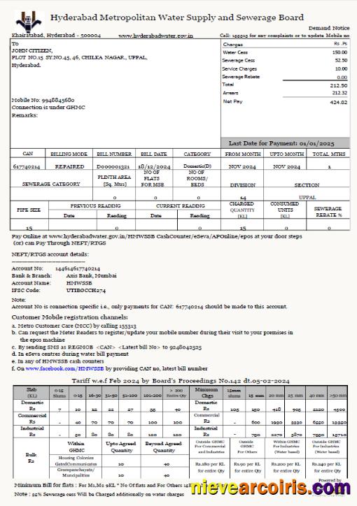 India Hyderabad Metropolitan Water Supply and Sewerage Board utility bill